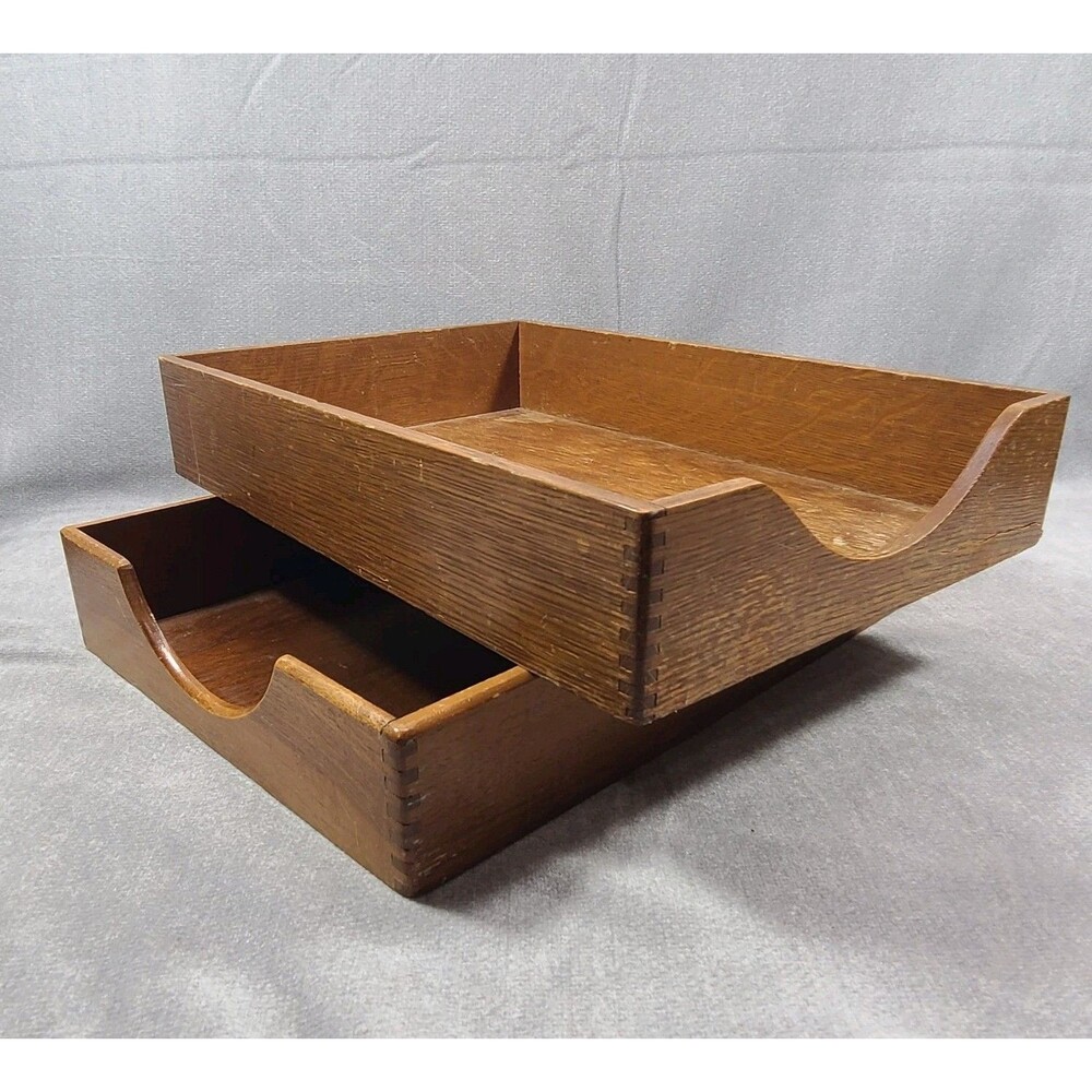 Vintage Dovetailed Wooden Letter Trays Set Of 2 Office Paper Files Long Weis